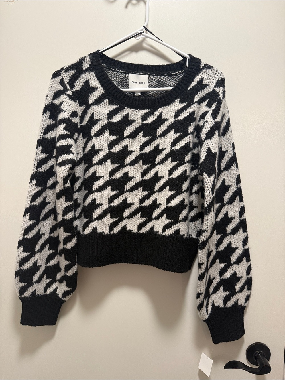 Pink Rose Black & White Houndstooth Crewneck Sweater
